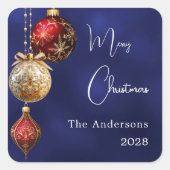 Blauw rood goud kerstballen vierkante sticker (Voorkant)