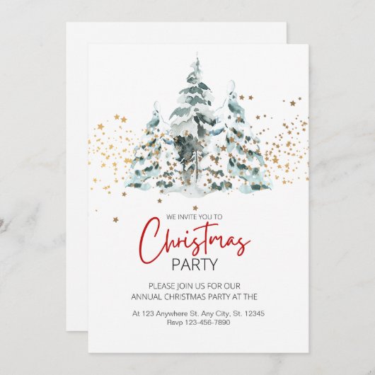 Blauw Rood Goud Waterverf Kerstboom Kaart (Voorkant / Achterkant)