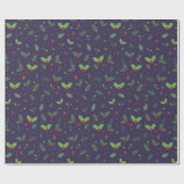 Blauw Rood Groen Bladeren Bessen Patroon Kerstmis Cadeaupapier (Vlak)