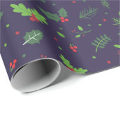 Blauw Rood Groen Bladeren Bessen Patroon Kerstmis Cadeaupapier (Rol Hoek)