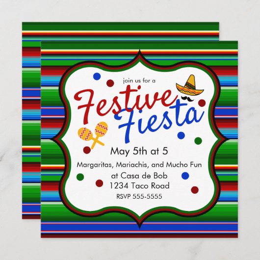 Blauw Rood Groen Sarape Cinco de Mayo Uitnodiging (Voorkant / Achterkant)