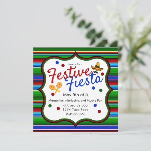 Blauw Rood Groen Sarape Cinco de Mayo Uitnodiging (Staand voorkant)