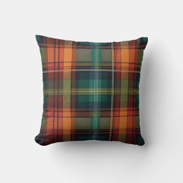 Blauw Rood Groen Sinaasappel Holiday Plaid Kussen (Voorkant)