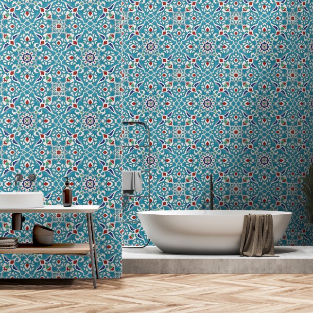 Blauw Rood Groen Wit Portugees Azulejo Patroon Behang (Badkamer)