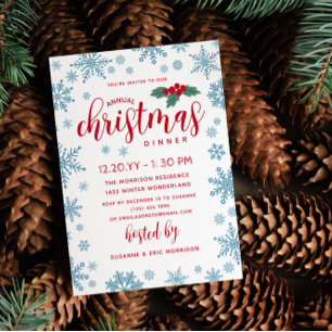 Blauw Rood Holly Sneeuwvlokken Kerstdiner Kaart