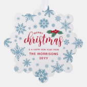 Blauw Rood Holly Sneeuwvlokken Vrolijk Kerstmis Fo Ornament Kaart (Voorkant)