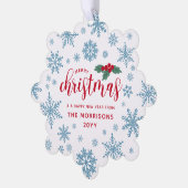 Blauw Rood Holly Sneeuwvlokken Vrolijk Kerstmis Fo Ornament Kaart (Links)