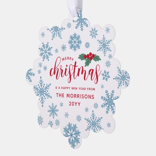 Blauw Rood Holly Sneeuwvlokken Vrolijk Kerstmis Fo Ornament Kaart (Links)