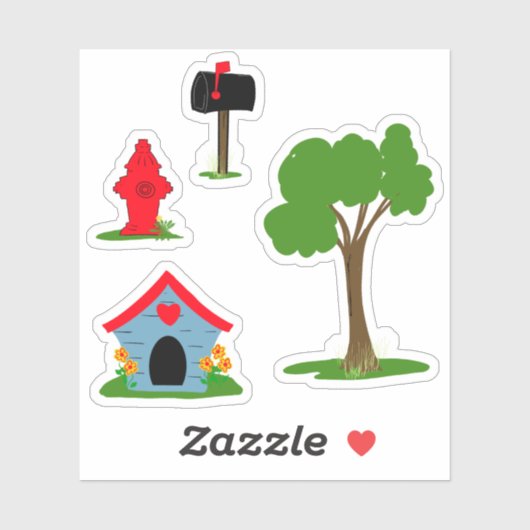 Blauw Rood hondenhok Zwart mailbox Groene boom Sticker (Vel)