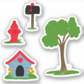 Blauw Rood hondenhok Zwart mailbox Groene boom Sticker (Voorkant)