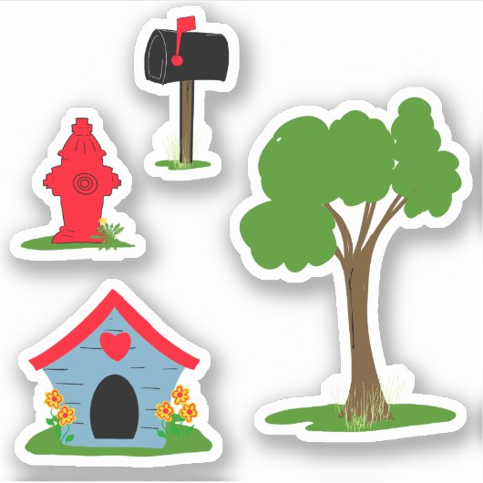 Blauw Rood hondenhok Zwart mailbox Groene boom Sticker (Voorkant)