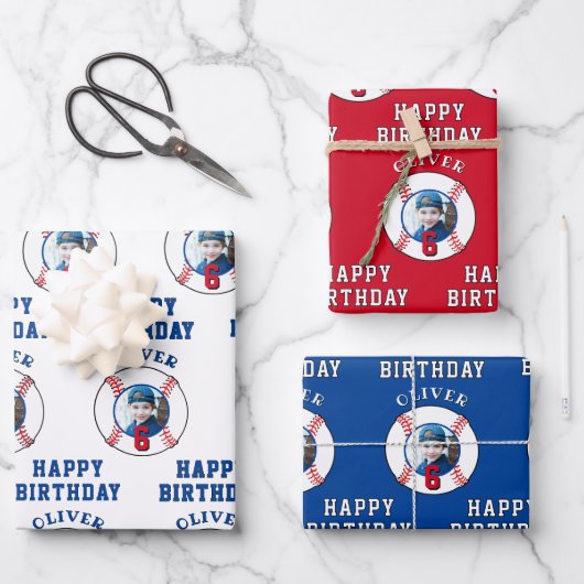 Blauw Rood Honkbal Kinderen Verjaardagsfoto Inpakpapier Vel (Voorkant)