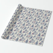 Blauw & Rood Kerstmis Santa Toile Cadeaupapier (Uitgerold)