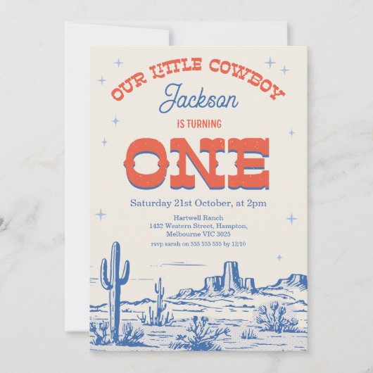Blauw Rood Kleine Cowboy 1e Verjaardag Kaart (Voorkant)