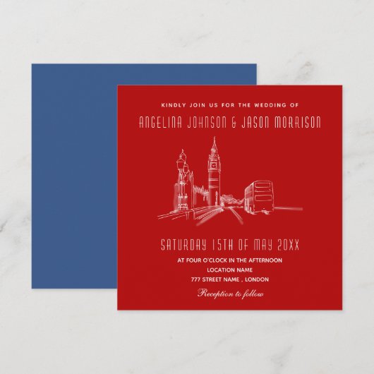 Blauw Rood Londen Uitnodiging (Voorkant / Achterkant)