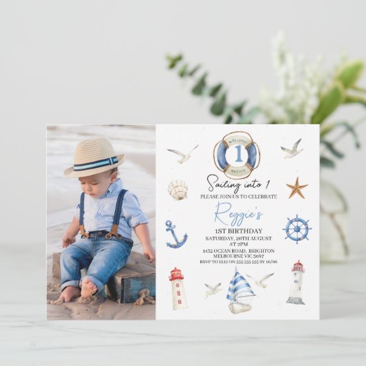 Blauw Rood Modern Zeilen in Nautische 1e Verjaarda Kaart (Staand voorkant)