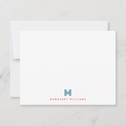Blauw Rood Moderne Art Deco Monogram Gepersonalise Notitiekaartje (Voorkant)
