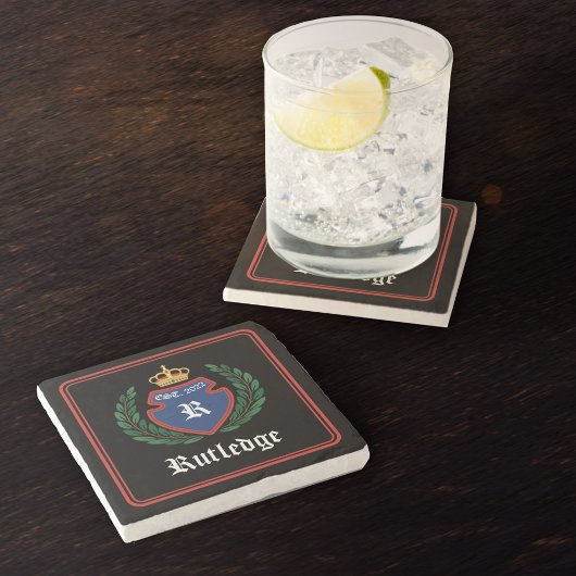 Blauw Rood Monogrammed Crest Crown Laurel Krans Stenen Onderzetter