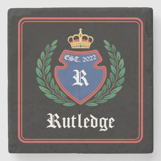 Blauw Rood Monogrammed Crest Crown Laurel Krans Stenen Onderzetter (Voorkant)