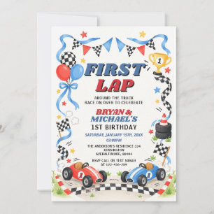 Blauw & Rood Race Auto Tweeling Broer/Zus 1e Ronde Kaart