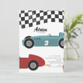 Blauw Rood Race Snelle Retro Racing Auto's Verjaar Kaart (Staand voorkant)
