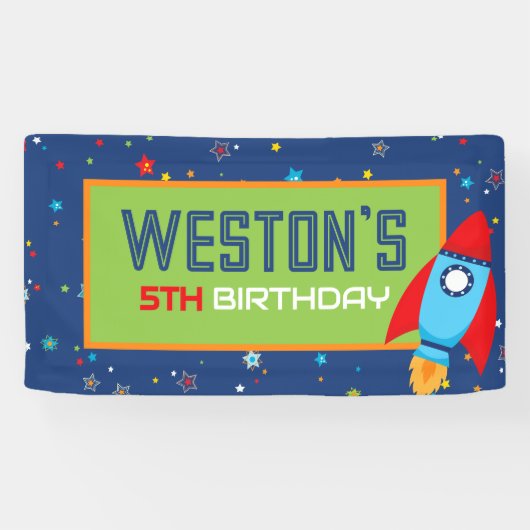 Blauw & Rood Raket Outer Space Verjaardagsbanner Spandoek (Horizontaal)