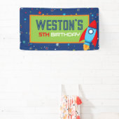 Blauw & Rood Raket Outer Space Verjaardagsbanner Spandoek (Insitu)
