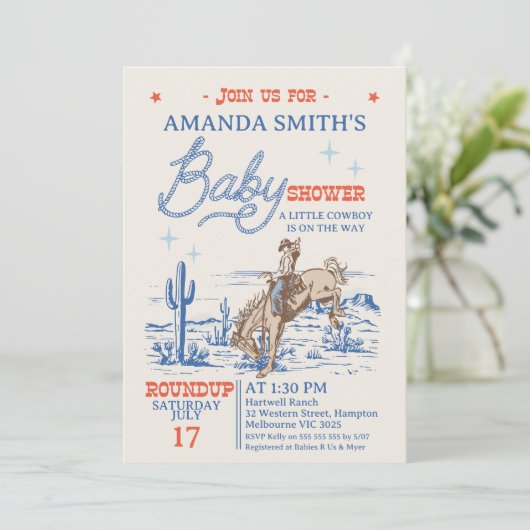  Blauw Rood Rodeo Cowboy Baby shower Kaart (Staand voorkant)