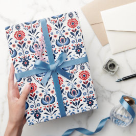 Blauw & Rood Scandinavisch Folk Ornament Cadeaupapier