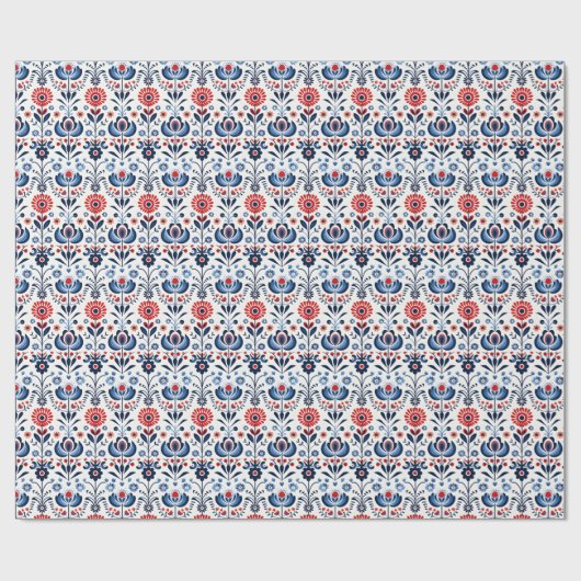 Blauw & Rood Scandinavisch Folk Ornament Cadeaupapier (Vlak)