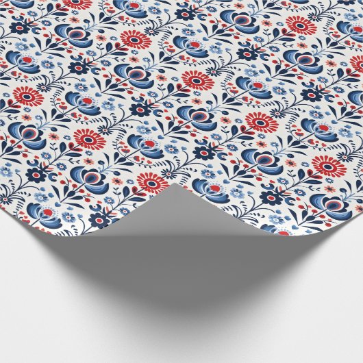 Blauw & Rood Scandinavisch Folk Ornament Cadeaupapier (Hoek)