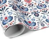 Blauw & Rood Scandinavisch Folk Ornament Cadeaupapier (Rol Hoek)