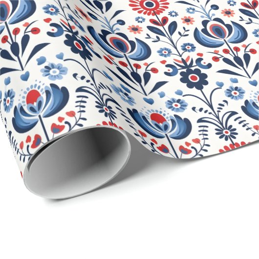 Blauw & Rood Scandinavisch Folk Ornament Cadeaupapier (Rol Hoek)