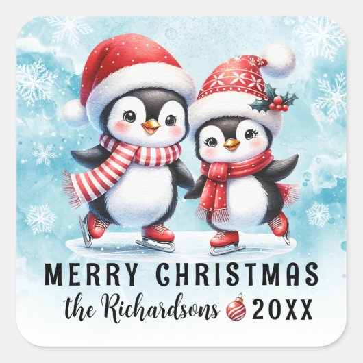 Blauw Rood Schattige Pinguïns Custom Merry Christm Vierkante Sticker (Voorkant)