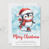 Blauw Rood Schattige Schaatspinguïn Vrolijk Kerstf Feestdagenkaart (Voorkant)