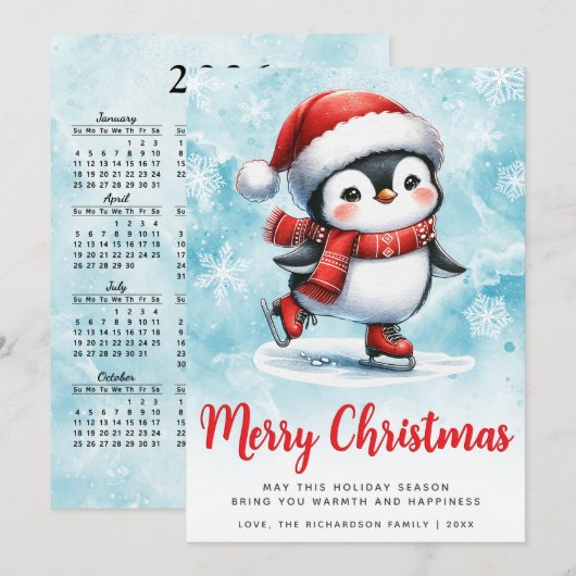 Blauw Rood Schattige Schaatspinguïn Vrolijk Kerstf Feestdagenkaart (Voorkant / Achterkant)