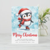 Blauw Rood Schattige Schaatspinguïn Vrolijk Kerstf Feestdagenkaart (Staand voorkant)