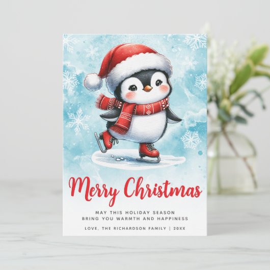 Blauw Rood Schattige Schaatspinguïn Vrolijk Kerstf Feestdagenkaart (Staand voorkant)
