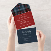 blauw rood schotse bruiloft celtic tartan plaid all in one uitnodiging (Afscheurbaar)