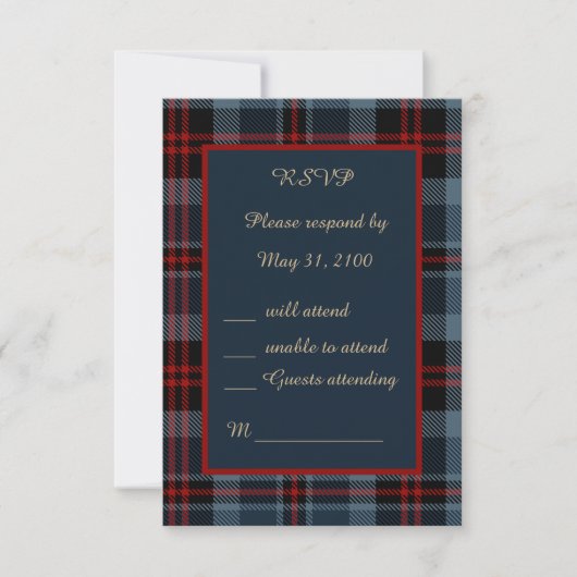 blauw rood schotse bruiloft celtic tartan plaid RSVP kaartje (Voorkant)
