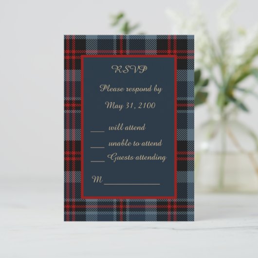 blauw rood schotse bruiloft celtic tartan plaid RSVP kaartje (Staand voorkant)