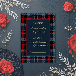 blauw rood schotse bruiloft celtic tartan plaid RSVP kaartje