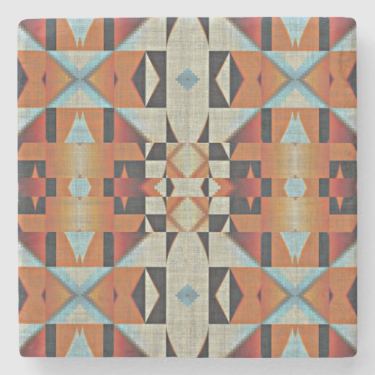 Blauw Rood Sinaasappel Taupe Bruin Zwart Tribal Ar Stenen Onderzetter (Voorkant)