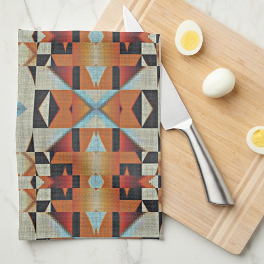 Blauw Rood Sinaasappel Taupe Bruin Zwart Tribal Ar Theedoek (Quarter Fold)