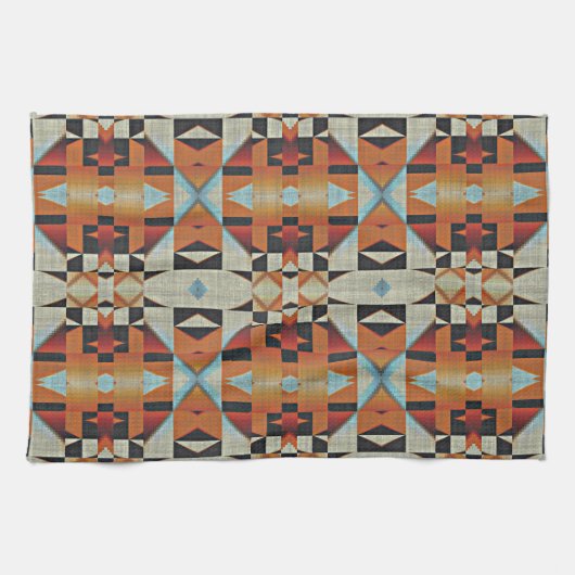 Blauw Rood Sinaasappel Taupe Bruin Zwart Tribal Ar Theedoek (Horizontaal)