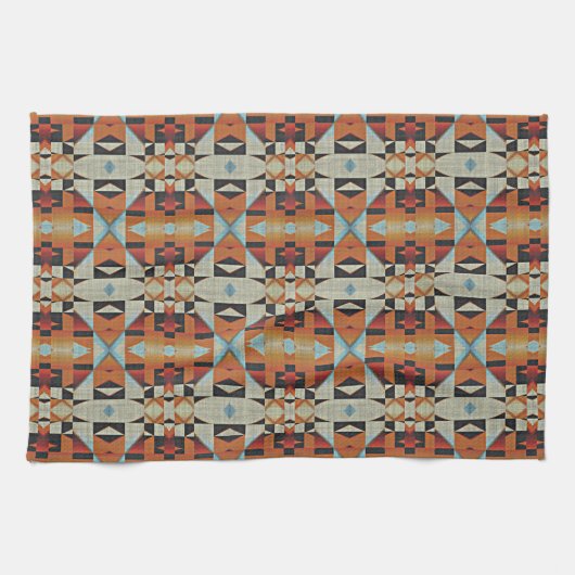 Blauw Rood Sinaasappel Taupe Bruin Zwart Tribal Ar Theedoek (Horizontaal)