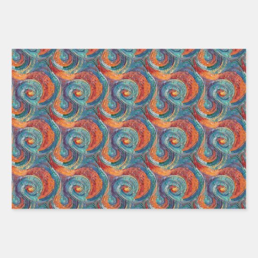Blauw Rood Sinaasappel Turquoise Swirl Inpakpapier Vel (Voorkant)