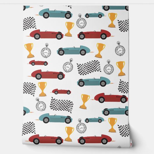 Blauw & Rood Snelle Retro Racing Auto's Behang (Afrollen)