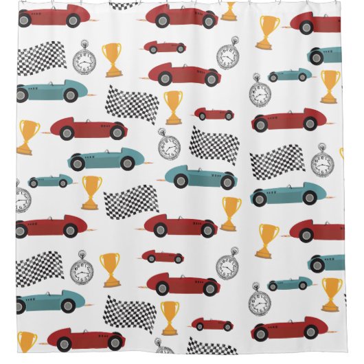 Blauw & Rood Snelle Retro  Racing Auto's Douchegordijn (Voorkant)