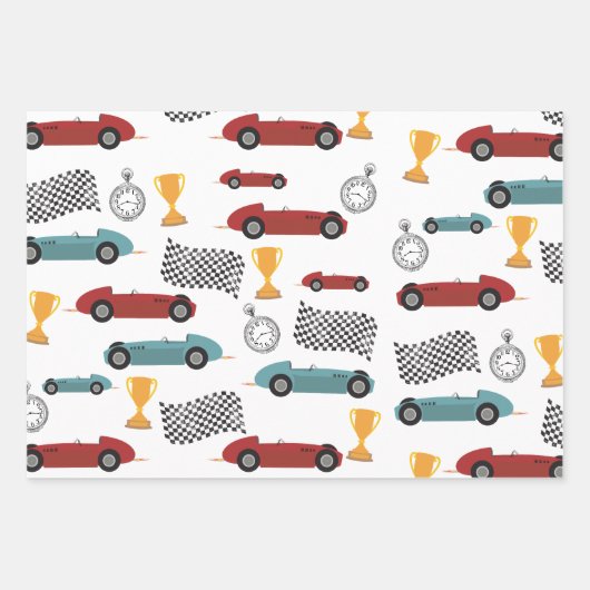Blauw & Rood Snelle Retro Racing Auto's Inpakpapier Vel (Voorkant 3)